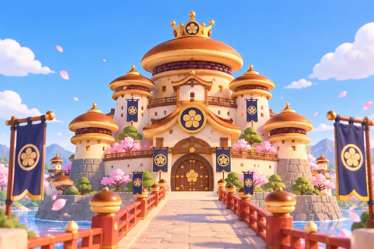 The castle of Dorayakingdom, with roofs shaped like dorayaki, surrounded by cherry blossoms (AI animation)